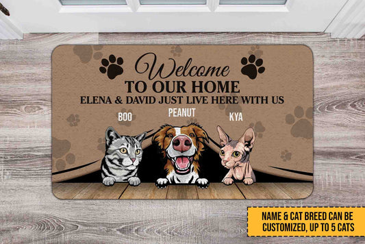 Personalized doormat with cartoon pets and customizable text on a wooden floor.