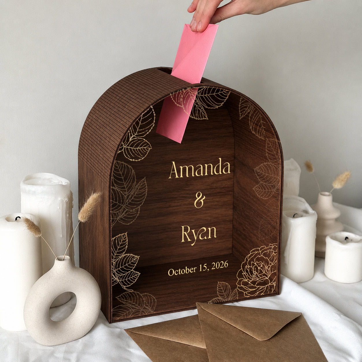 Personalized Burgundy Wedding Mailbox | Elegant Arched Card Box with Gold Botanical Design