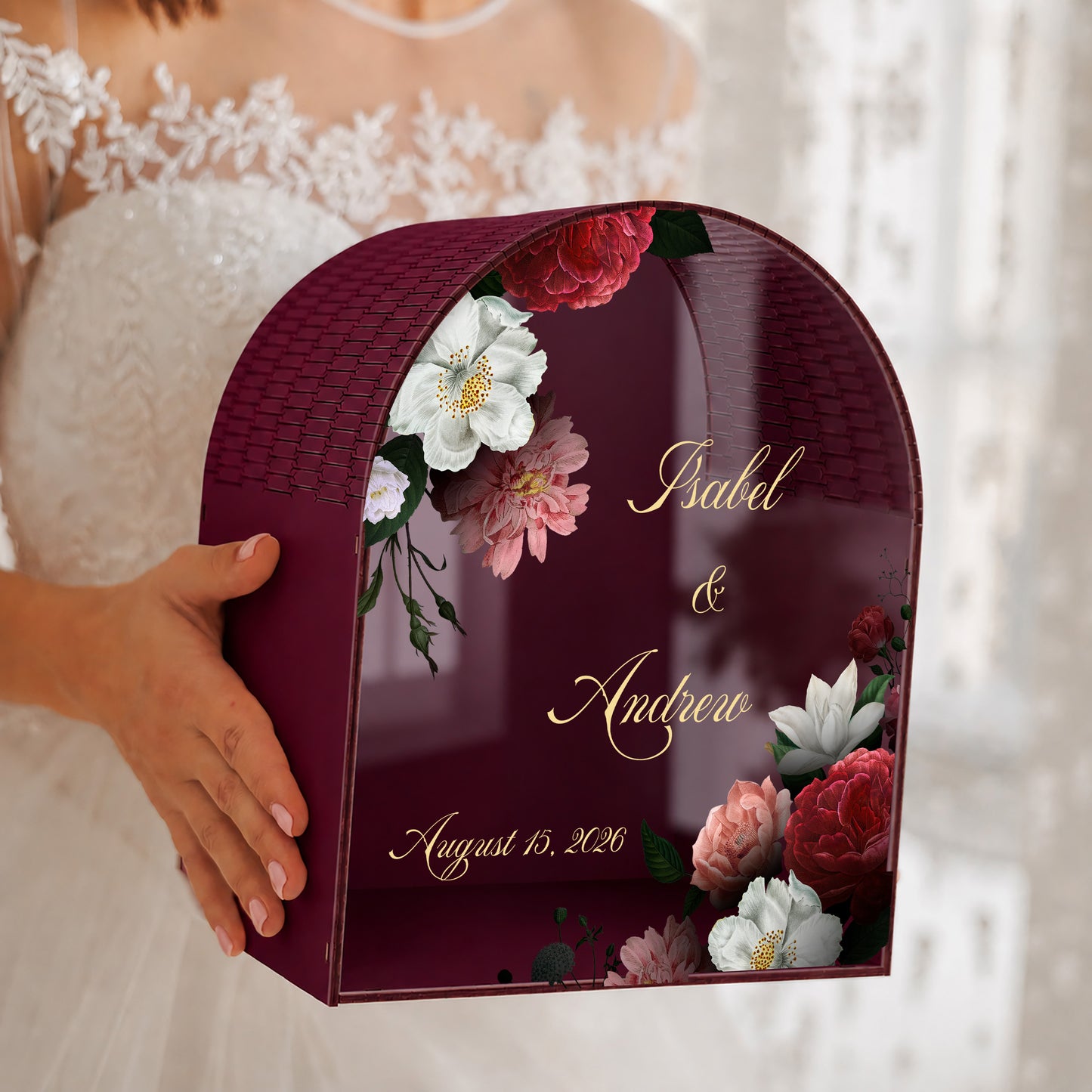Personalized Wedding Mailbox | Romantic Floral Burgundy Arched Card Box