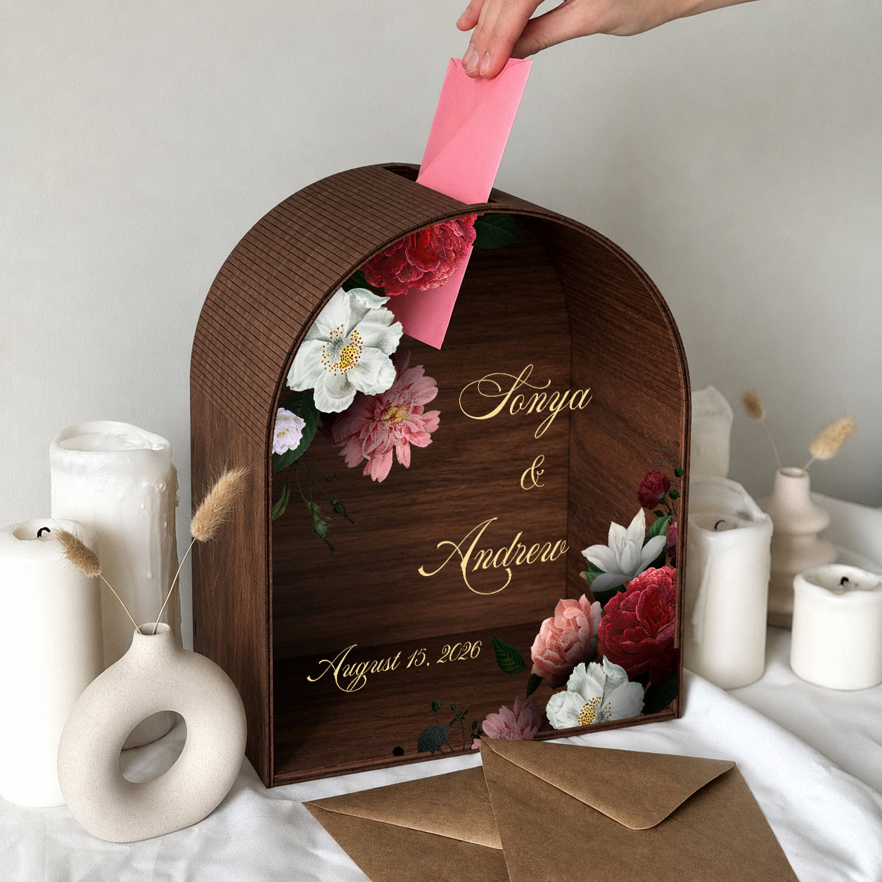 Personalized Wedding Mailbox | Romantic Floral Burgundy Arched Card Box