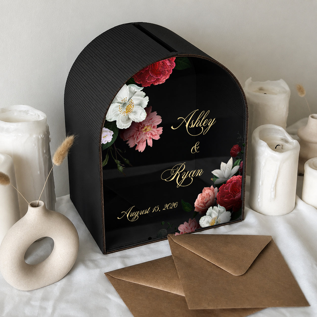 Personalized Wedding Mailbox | Romantic Floral Burgundy Arched Card Box