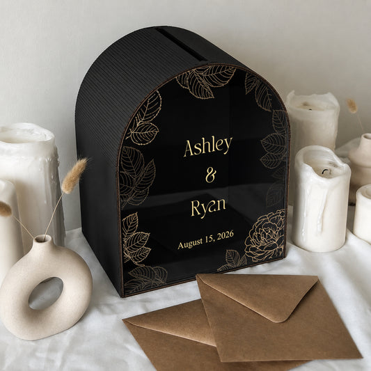 Personalized Burgundy Wedding Mailbox | Elegant Arched Card Box with Gold Botanical Design
