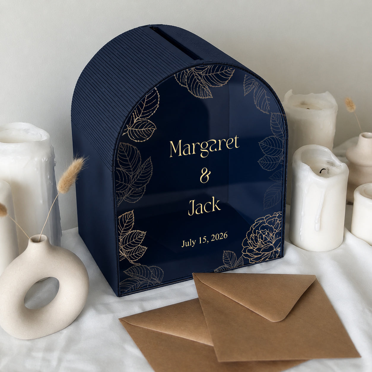 Personalized Burgundy Wedding Mailbox | Elegant Arched Card Box with Gold Botanical Design