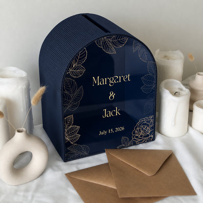 Personalized Burgundy Wedding Mailbox | Elegant Arched Card Box with Gold Botanical Design