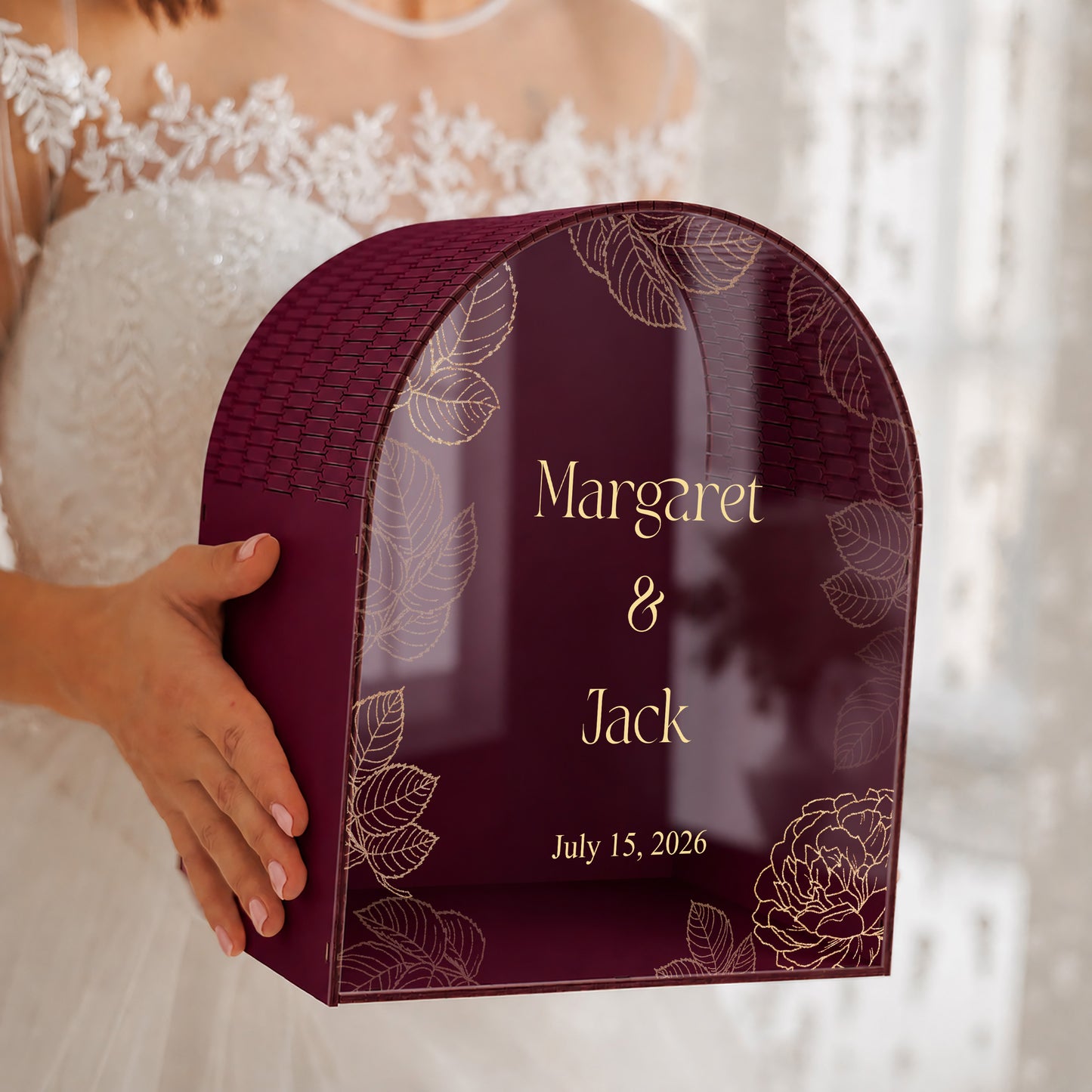 Personalized Burgundy Wedding Mailbox | Elegant Arched Card Box with Gold Botanical Design