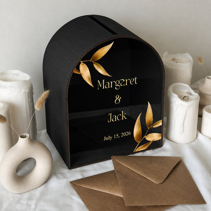 Personalized Gold Leaf Wedding Mailbox | Burgundy Keepsake Card Box