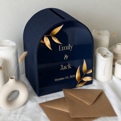 Personalized Gold Leaf Wedding Mailbox | Burgundy Keepsake Card Box