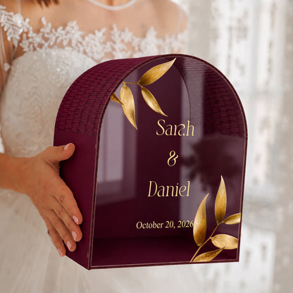 Personalized Gold Leaf Wedding Mailbox | Burgundy Keepsake Card Box