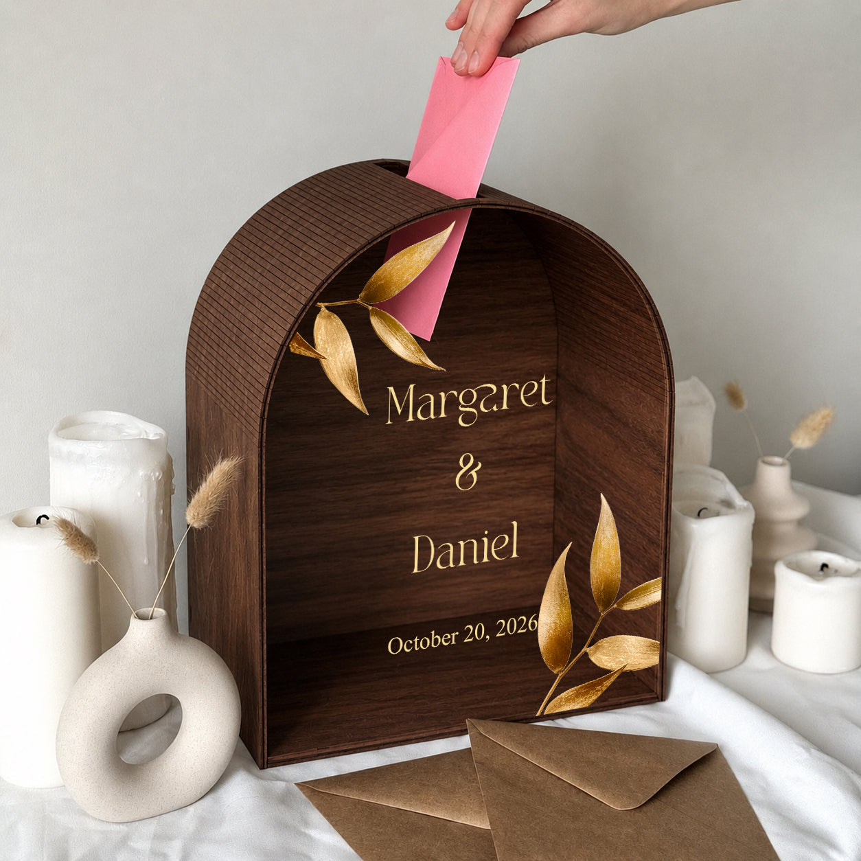 Personalized Gold Leaf Wedding Mailbox | Burgundy Keepsake Card Box