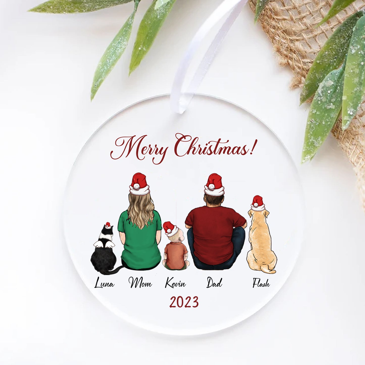 Personalized Christmas ornament with family and pets on a white background