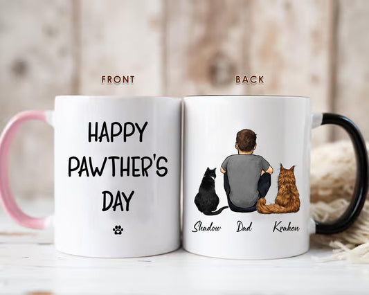 Happy Pawther's Day Mug For Cat Dad • Custom Mug • Personalized Father's Day Gift For Dad • Man With Cat Portrait Mug