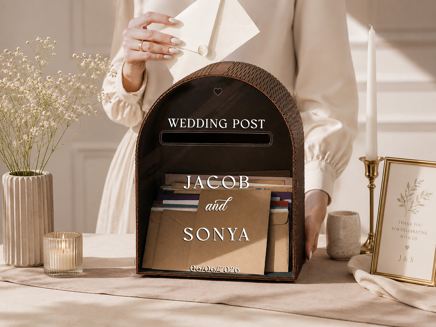 Wedding Post Box | Ivory Arched Mailbox Card Box | Personalized Names & Date