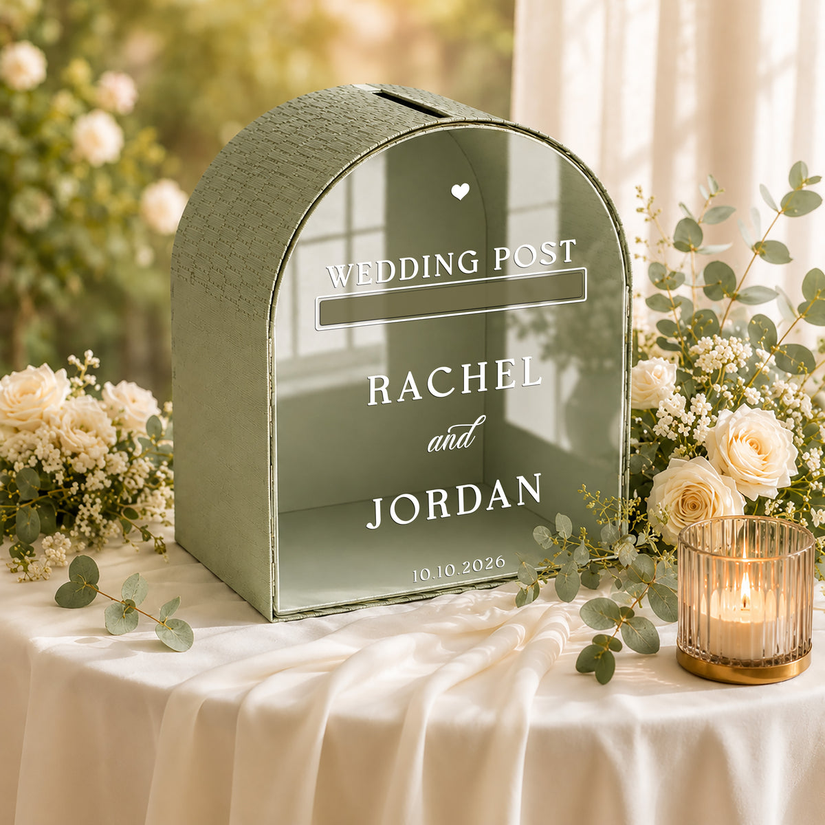 Wedding Post Box | Ivory Arched Mailbox Card Box | Personalized Names & Date