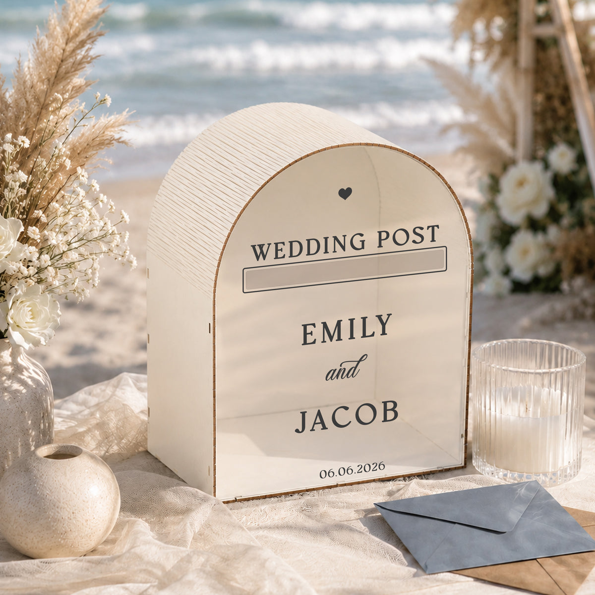Wedding Post Box | Ivory Arched Mailbox Card Box | Personalized Names & Date