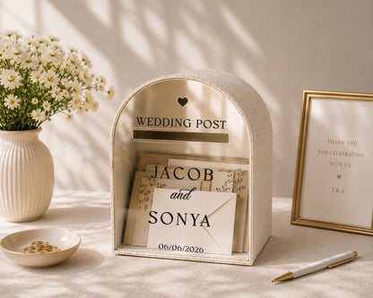 Wedding Post Box | Ivory Arched Mailbox Card Box | Personalized Names & Date