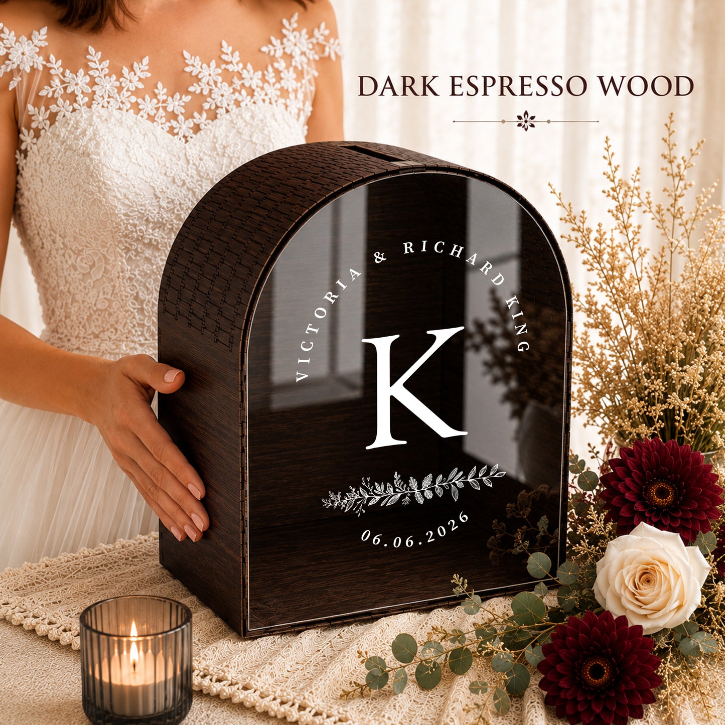 Navy Blue Arched Wedding Card Box With Slot | Burgundy Monogram Card Box