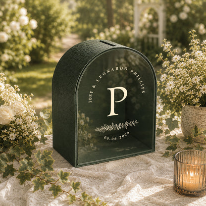 Navy Blue Arched Wedding Card Box With Slot | Burgundy Monogram Card Box