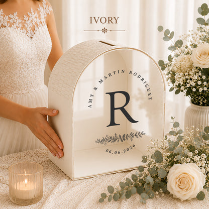 Navy Blue Arched Wedding Card Box With Slot | Burgundy Monogram Card Box