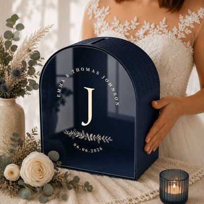 Navy Blue Arched Wedding Card Box With Slot | Burgundy Monogram Card Box