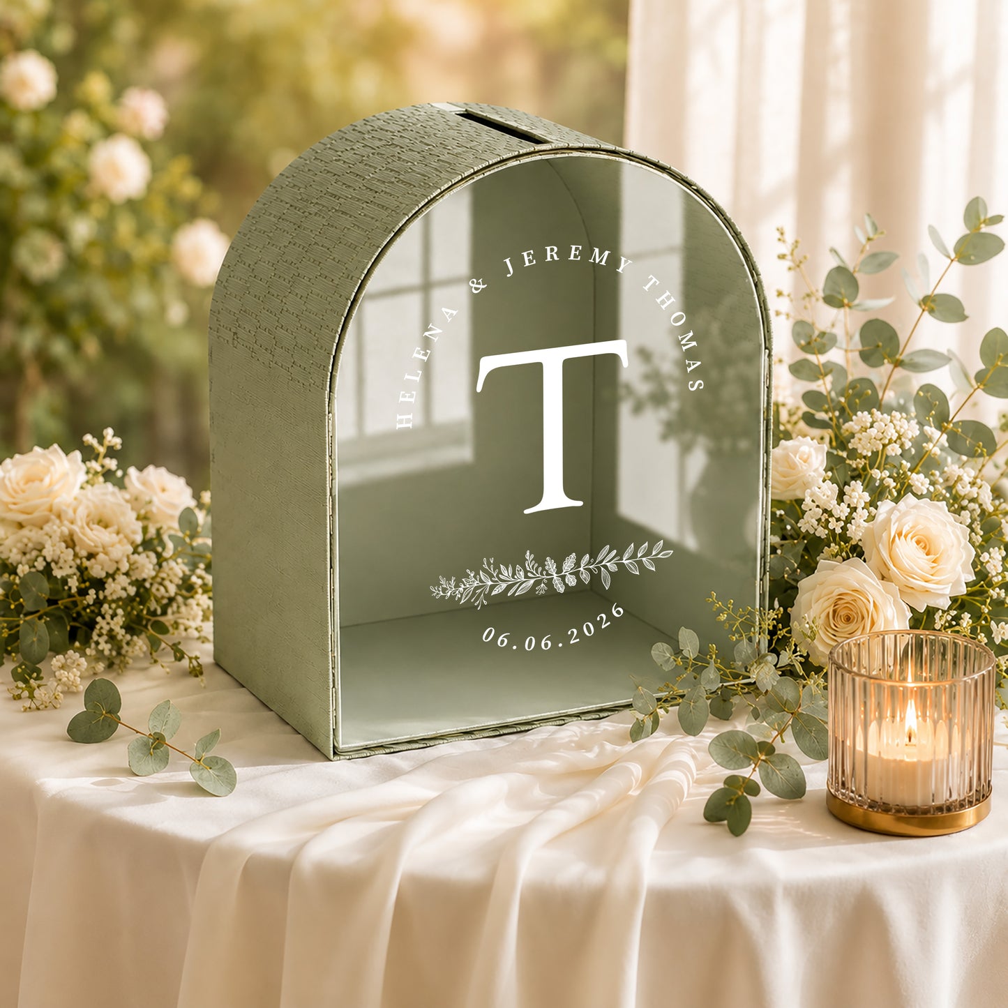 Navy Blue Arched Wedding Card Box With Slot | Burgundy Monogram Card Box