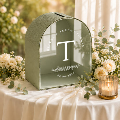 Navy Blue Arched Wedding Card Box With Slot | Burgundy Monogram Card Box