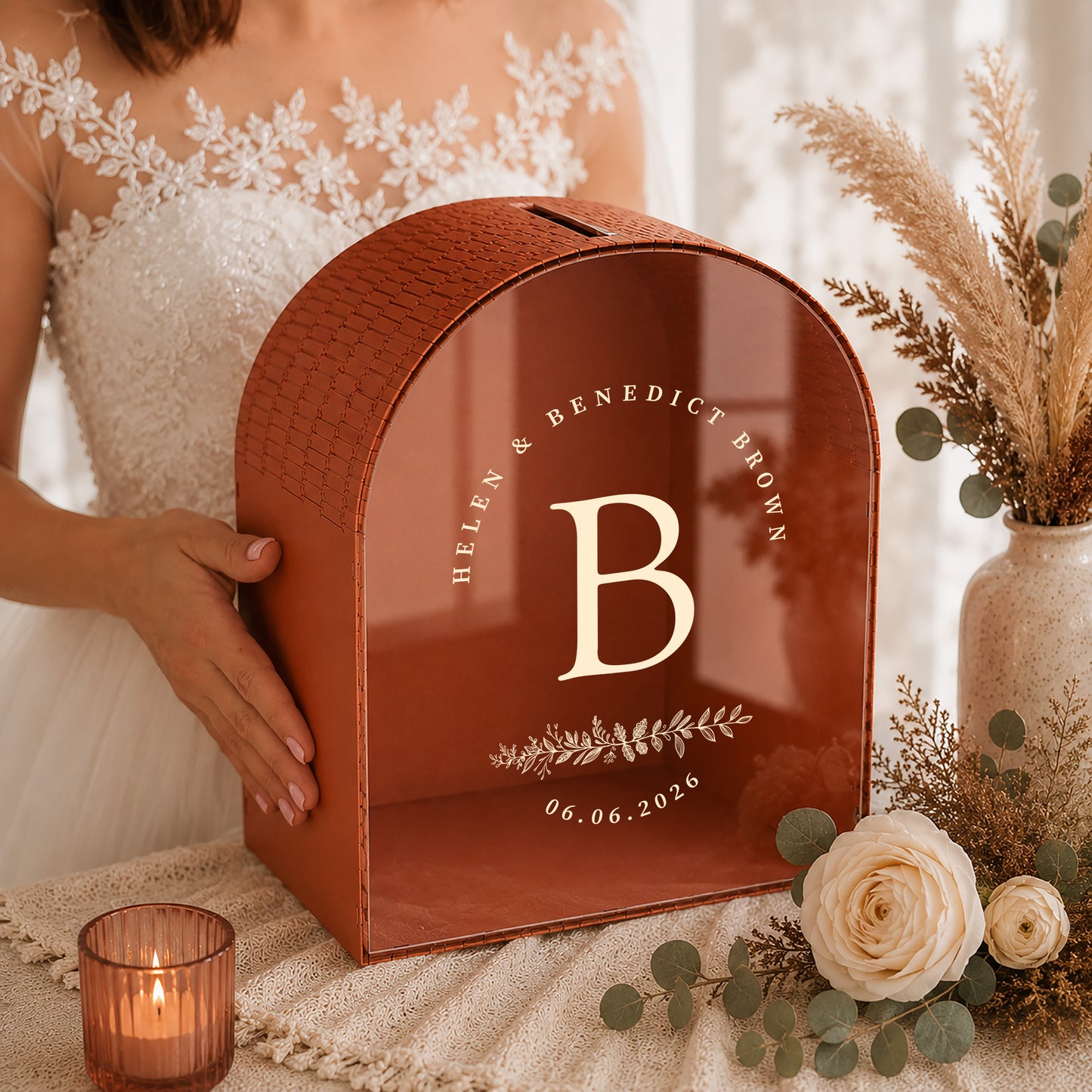 Navy Blue Arched Wedding Card Box With Slot | Burgundy Monogram Card Box