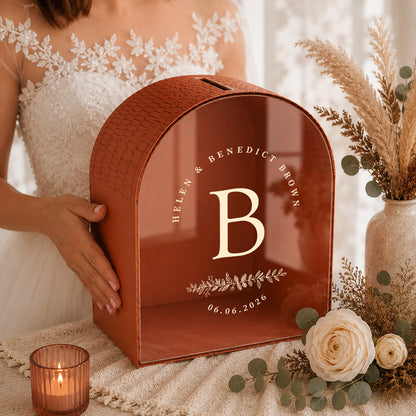 Navy Blue Arched Wedding Card Box With Slot | Burgundy Monogram Card Box