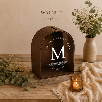 Navy Blue Arched Wedding Card Box With Slot | Burgundy Monogram Card Box