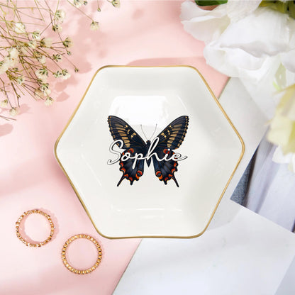 Custom Name Watercolor Butterfly Trinket Tray • Personalized Ring Dish