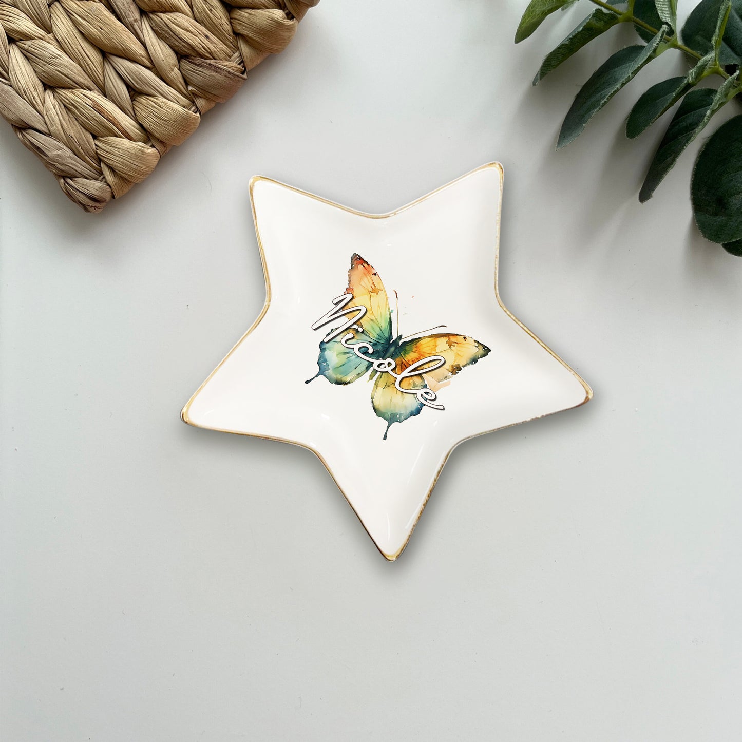 Custom Name Watercolor Butterfly Trinket Tray • Personalized Ring Dish