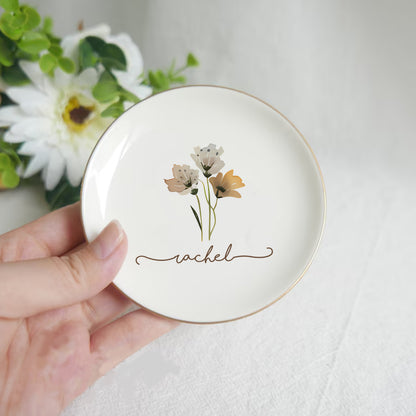 Custom Name Watercolor Floral Trinket Tray – Personalized Birth Flower Jewelry Dish