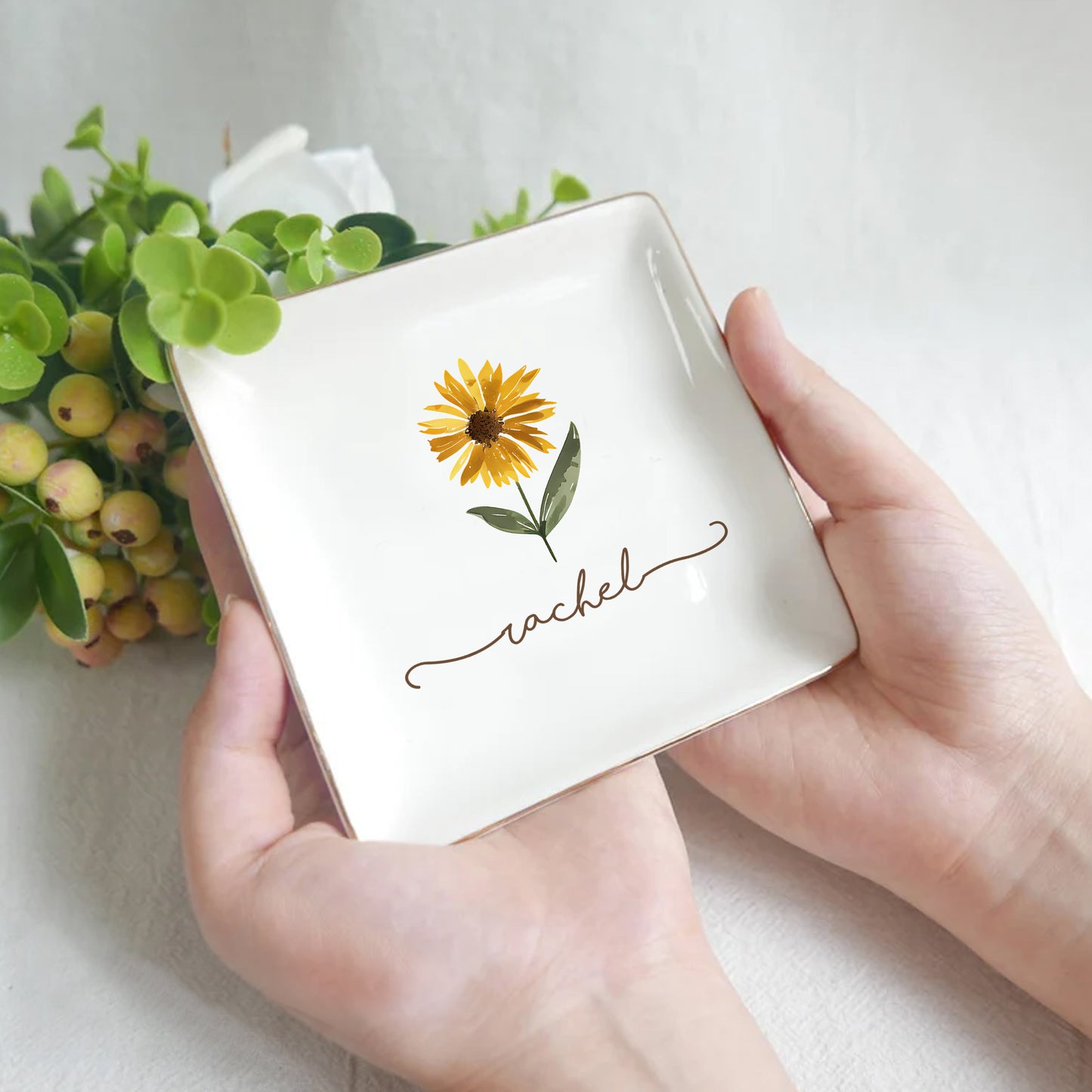 Custom Name Watercolor Floral Trinket Tray – Personalized Birth Flower Jewelry Dish