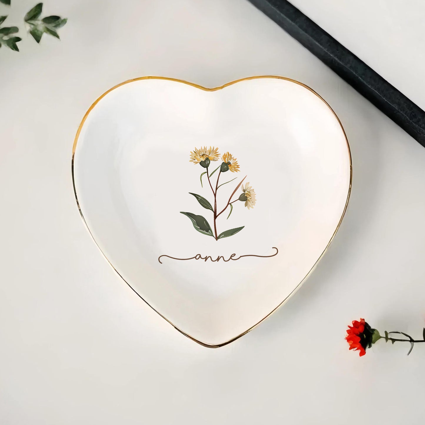 Custom Name Watercolor Floral Trinket Tray – Personalized Birth Flower Jewelry Dish