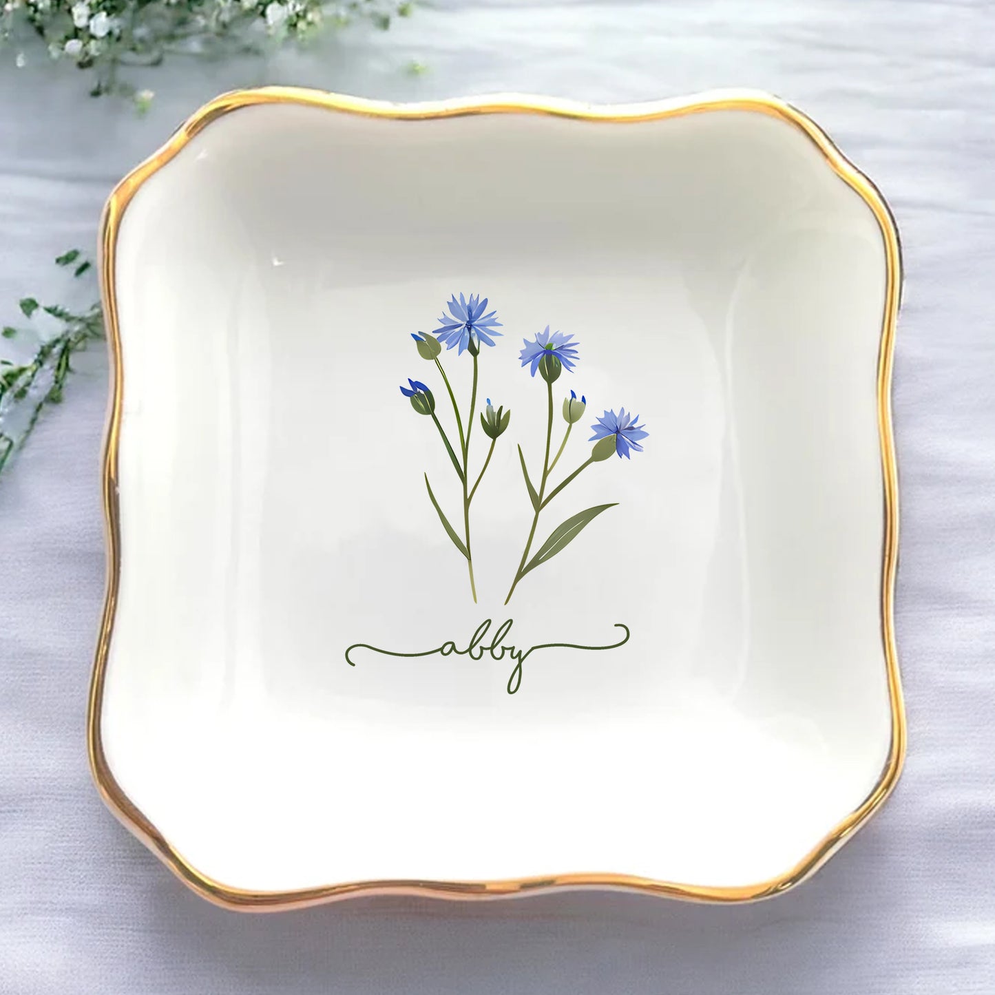 Custom Name Watercolor Floral Trinket Tray – Personalized Birth Flower Jewelry Dish