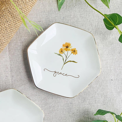 Custom Name Watercolor Floral Trinket Tray – Personalized Birth Flower Jewelry Dish
