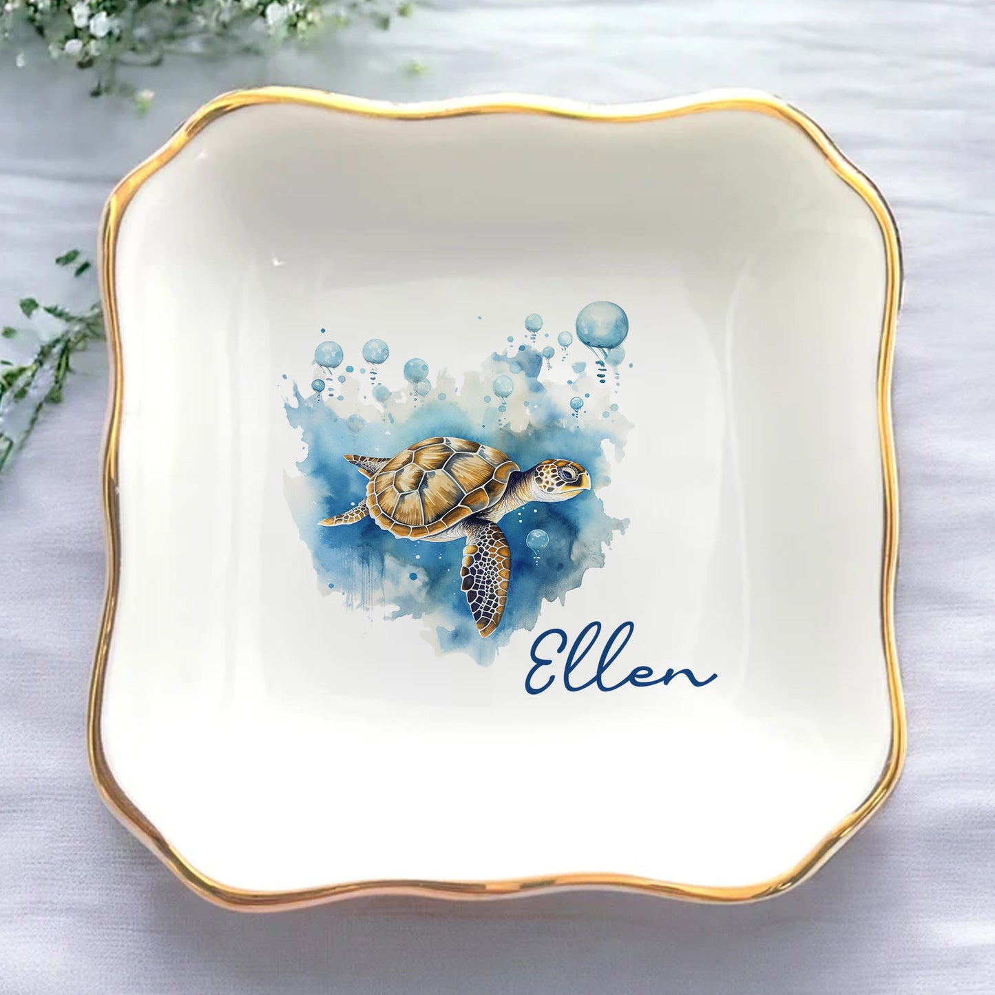 Watercolor Sea Turtle Custom Name Trinket Tray • Personalized Jewelry Dish