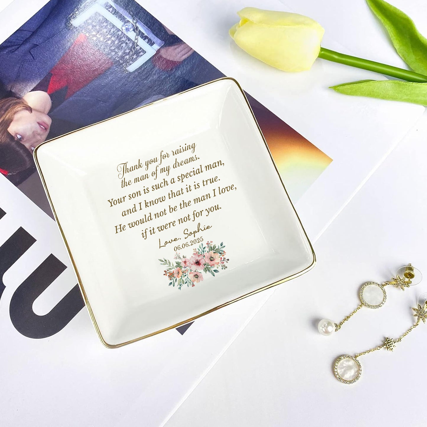 Thank You For Raising The Man Of My Dreams – Personalized Flower Jewelry Dish for Mother in Law