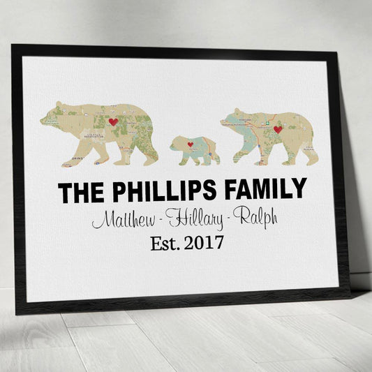 Bear Family Retro Map - Premium Canvas, Poster